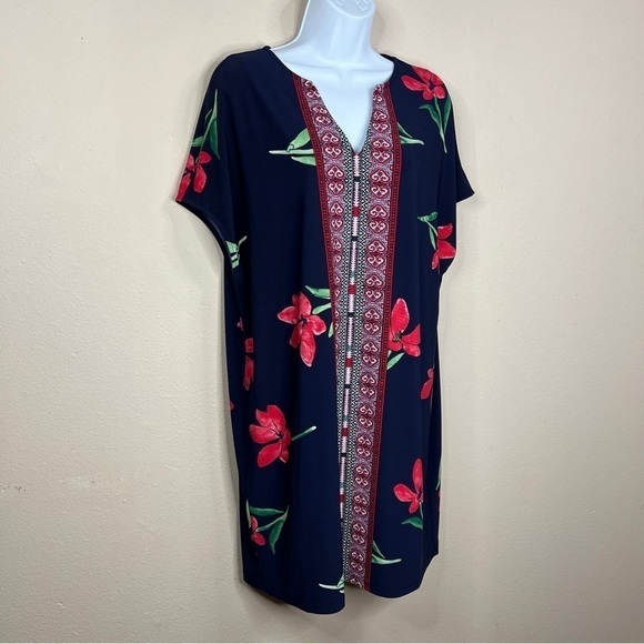 XS Chaps Blue Red Floral Stretch Dress Oversized Fit Pullover Boho Geometric - Picture 5 of 7